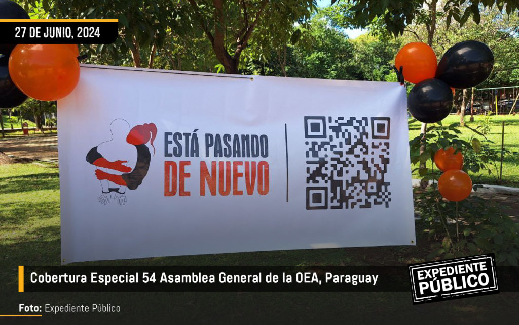 Grupos activistas realizan una campaña por la libertad de los presos políticos en la OEA, en Paraguay.